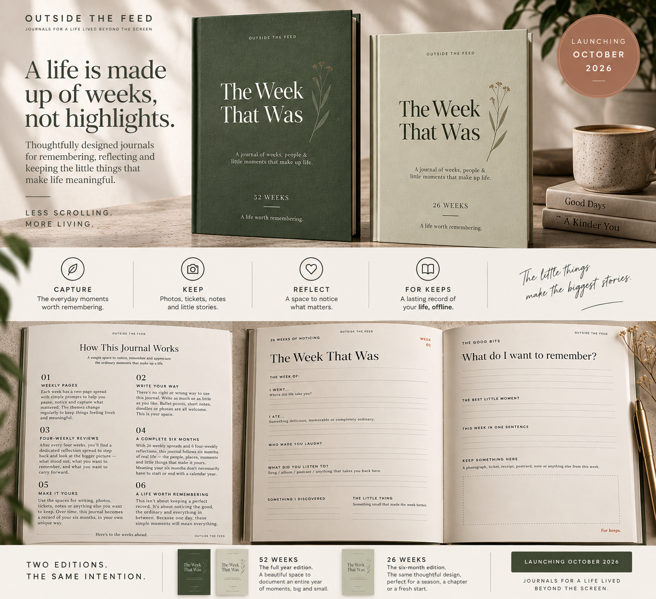 OUTSIDE THE FEED journal editions and interior pages shown in a warm editorial product setting